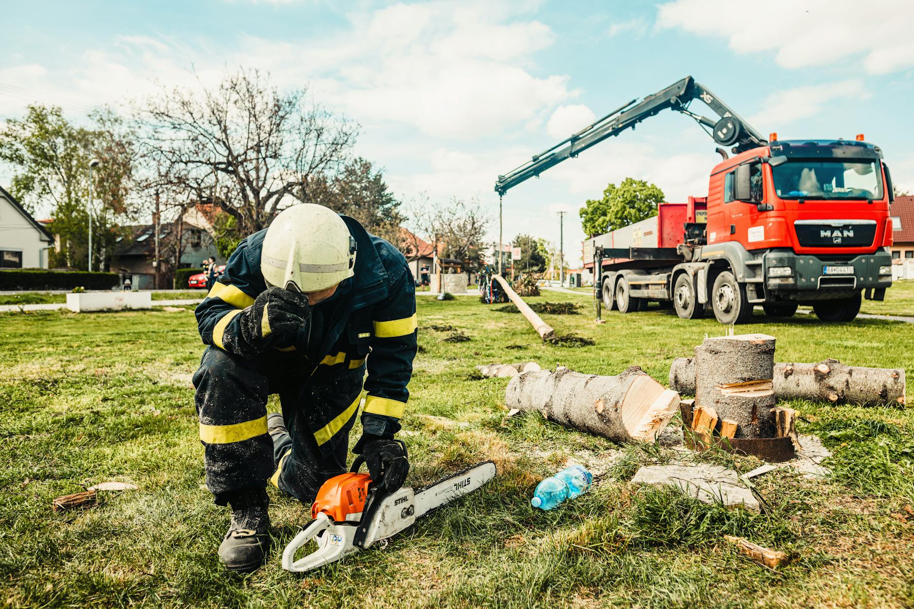 Tree removal crew with equipment truck